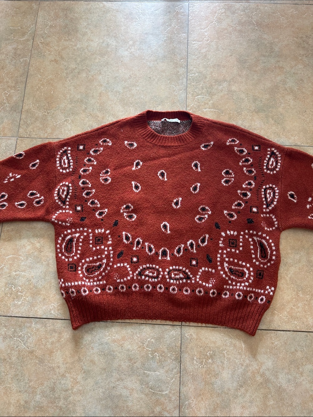 Mango Rust Paisley-Pattern Crewneck Sweater